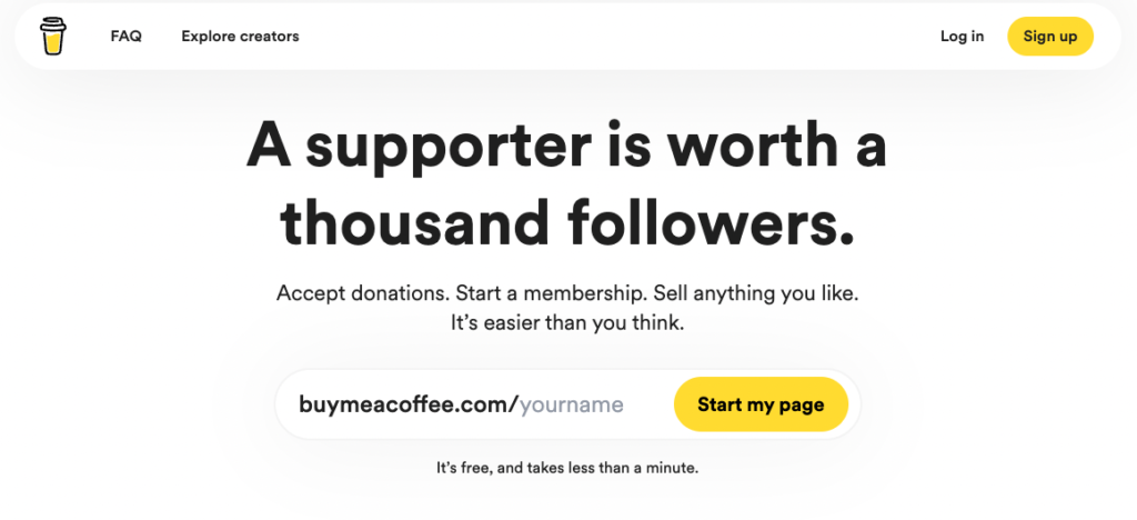 Patreon alternative buy me a coffee shown on its landing page